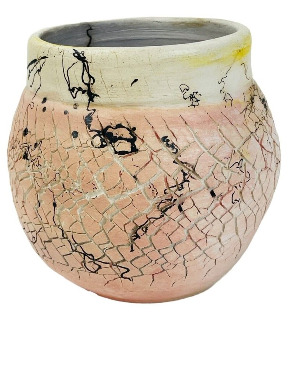 Pink Raku Crackle Horse Hair Glaze Studio Pottery Clay Pot Vase Signed Orti